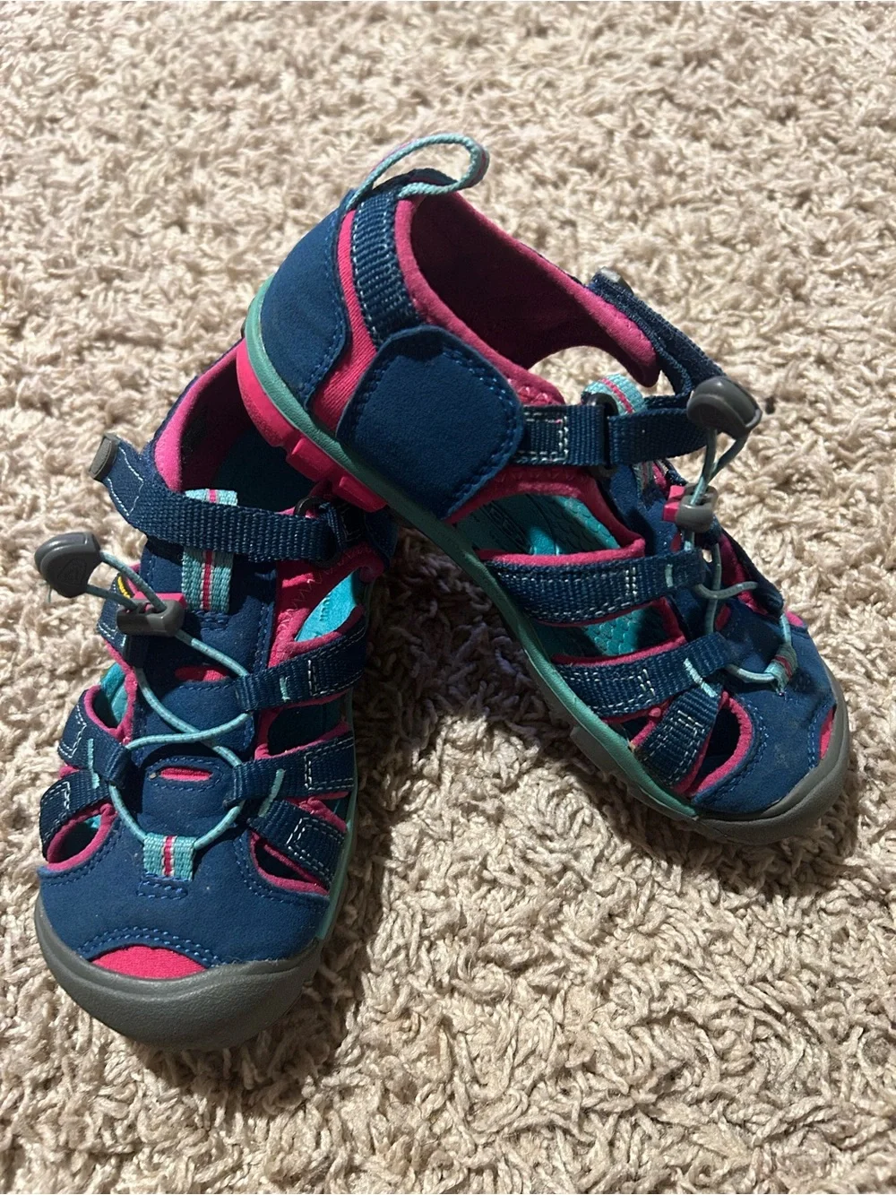 Keen Kids Navy, Pink & Teal Closed-Toe Water Shoes *writing on bottom of shoe*